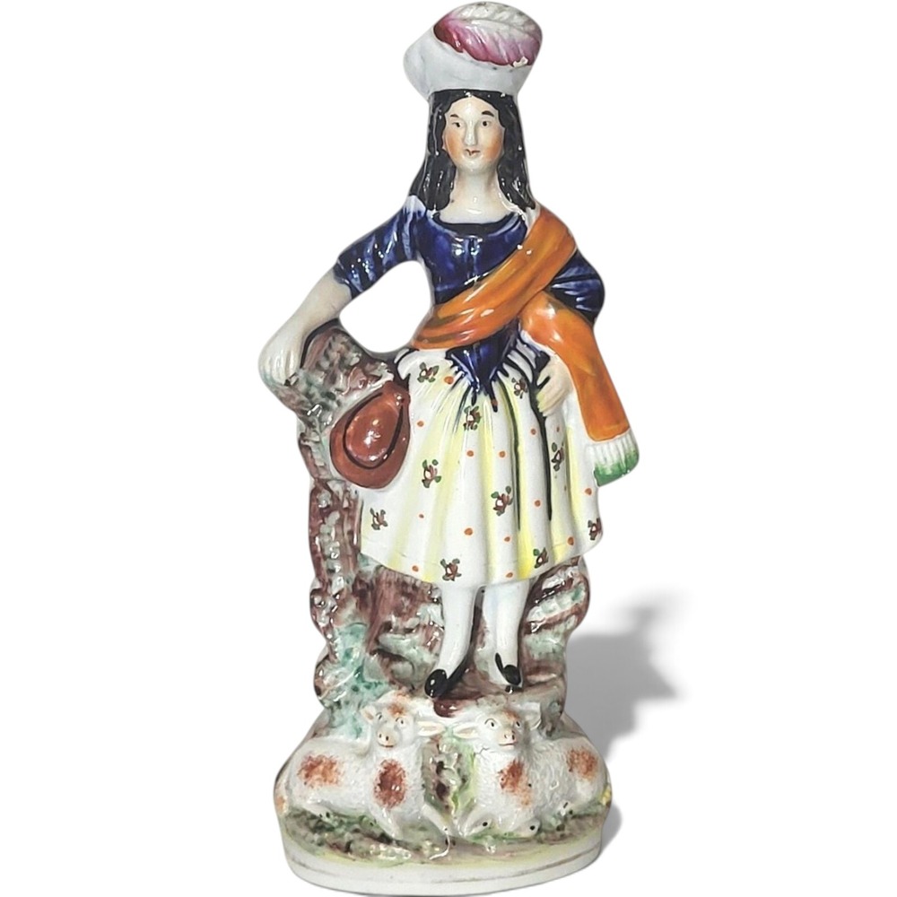 Staffordshire Flatback Figurine Shepherdess Lambs Hand Painted Ceramic 9.75in